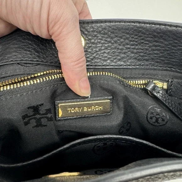 Tory Burch Black Pebbled Leather Tote Gold Chain Strap Shoulder Bag Classic Chic - Picture 10 of 14